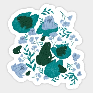 Ultra-Steady Green and Blue Frogs on Lily Pads with Water Lilies Pattern for a Calming and Serene Feel Sticker